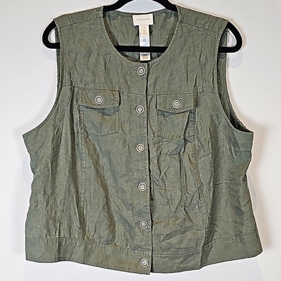 Chico's Women's Linen Army Green Lace Detail Sleeveless Button Up Top Si… - Picture 1 of 7